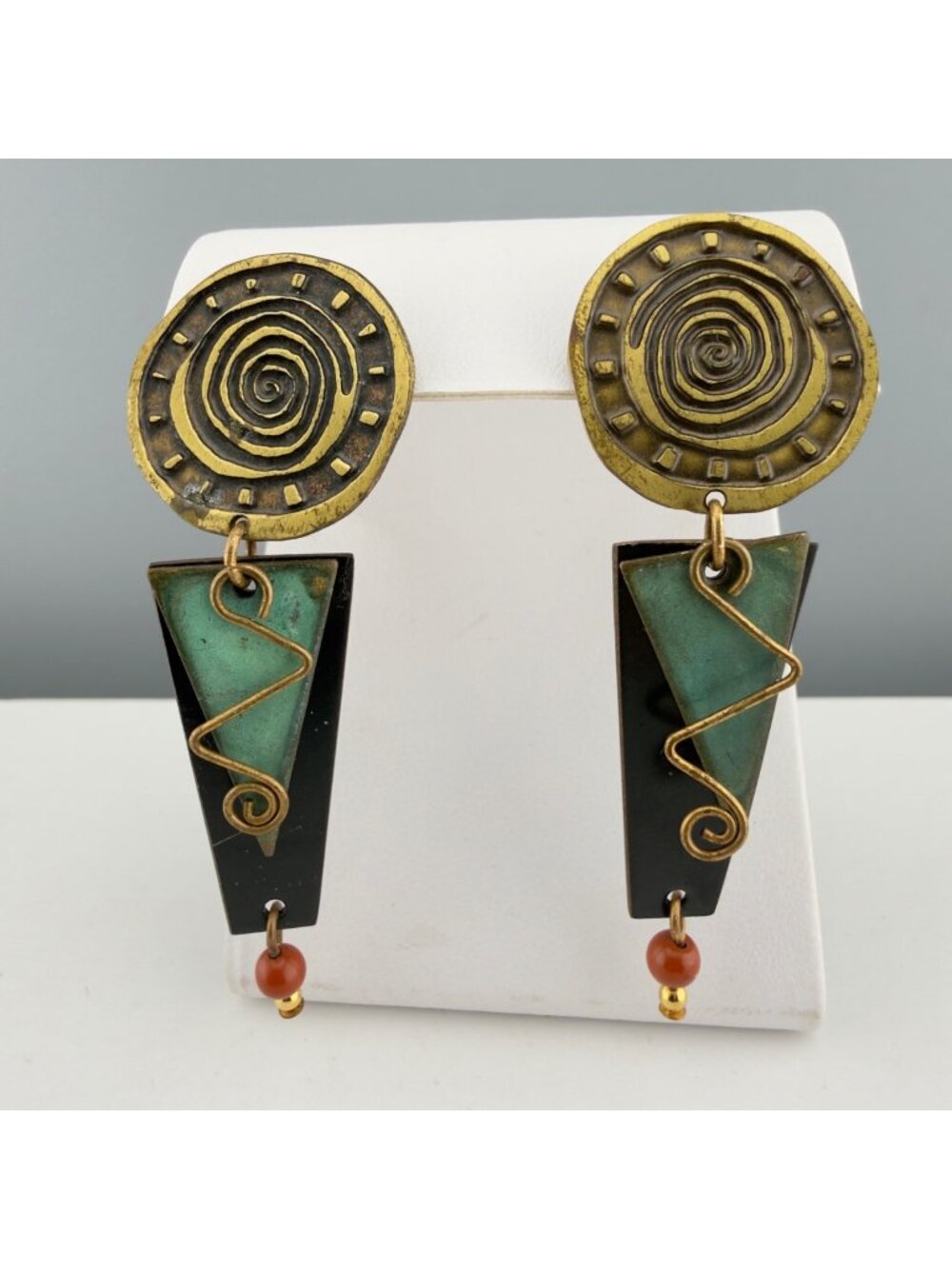 Vintage Artisan Earrings Brass Enamel Geometric Dangle Patina